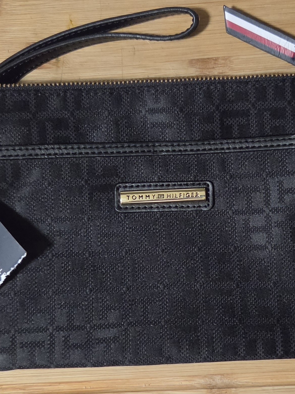 Tommy Hilfiger Black Jacquard Monogram Double Zip Wristlet
